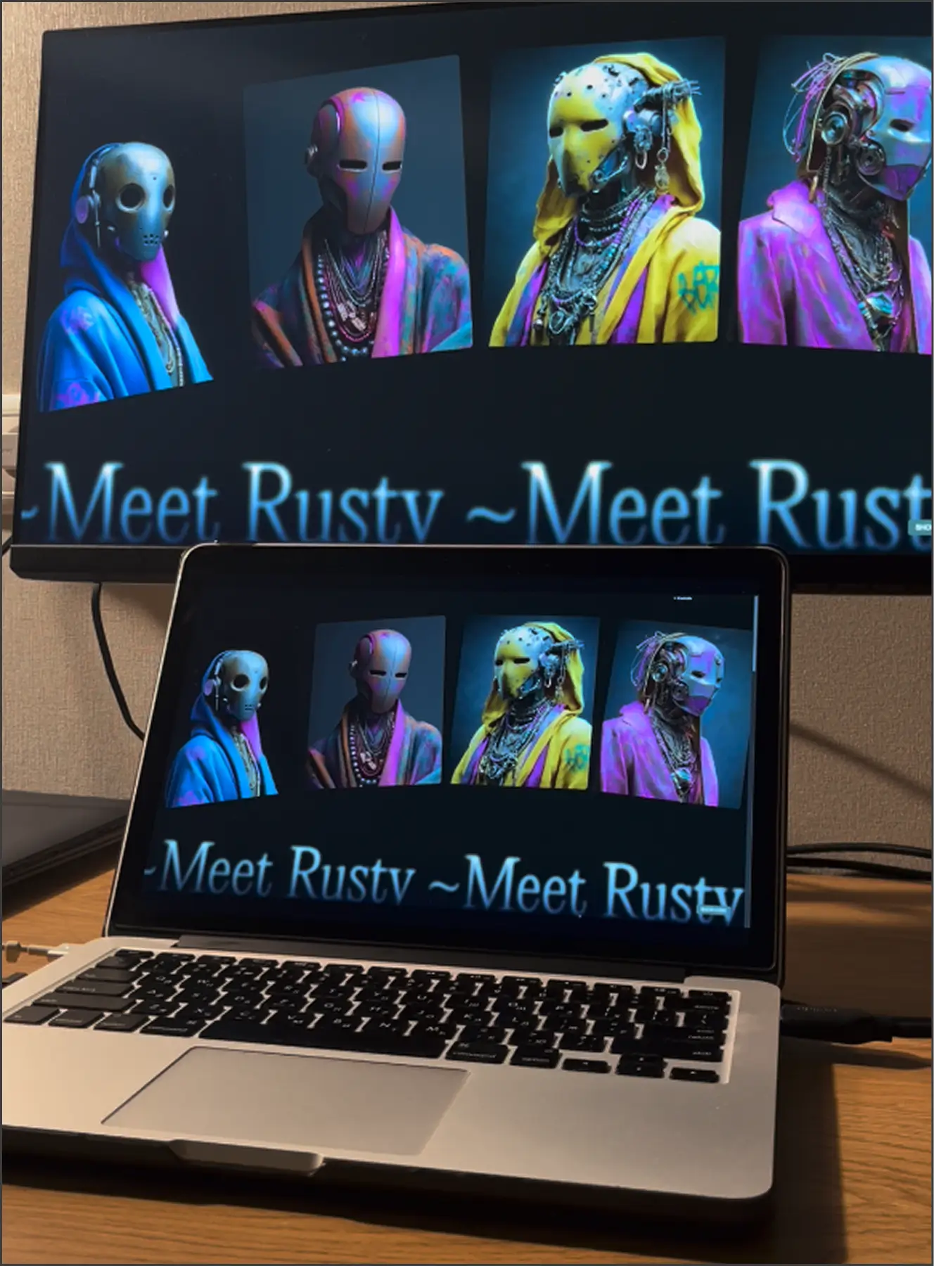 Laptop on a wooden desk displays four digital art portraits of futuristic masked characters in colorful clothing, mirrored on a larger screen behind it.