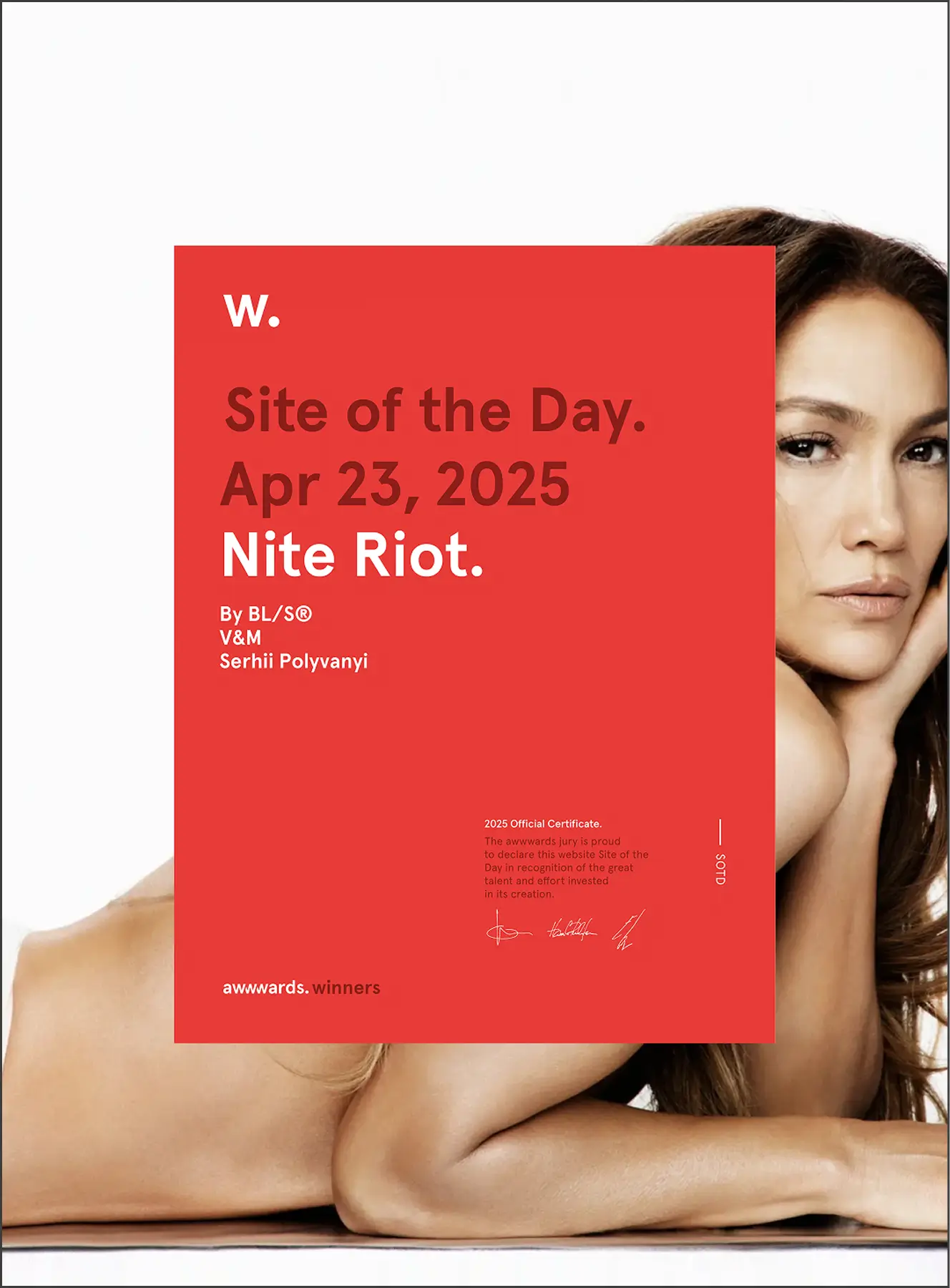 A design award certificate for Site of the Day, April 23, 2025, titled Nite Riot, overlaid on a photo of a woman lying down with her hand supporting her face.
